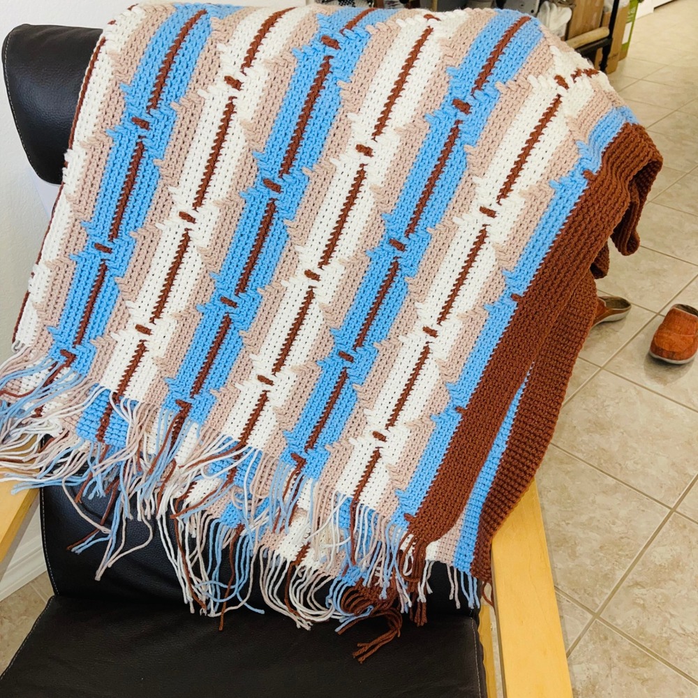 VTG Handmade Crocheted Apache Tears Blanket Throw Blue Tan Brown Fringe 45x72